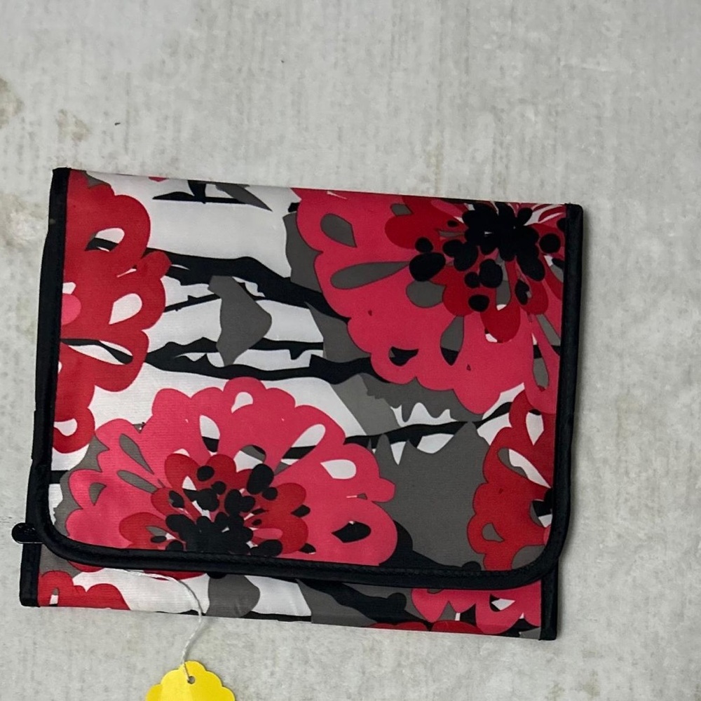 Floral Fold-Over Cosmetic Pouch in Red, Gray & Black